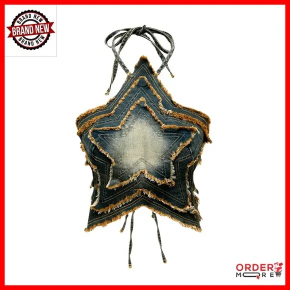 Denim Halter Top Y2K Backless Tie Back Raw Hem Crop Party Club Wear - Picture 1 of 4